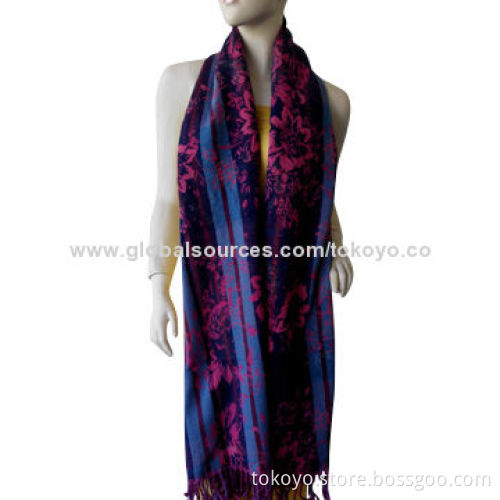 Jacquard scarf with floral and check jacquard, made of cotton and wool, double layers, size 180*70cm